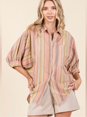 Mittoshop Striped Bubble Sleeve Button Down Shirt